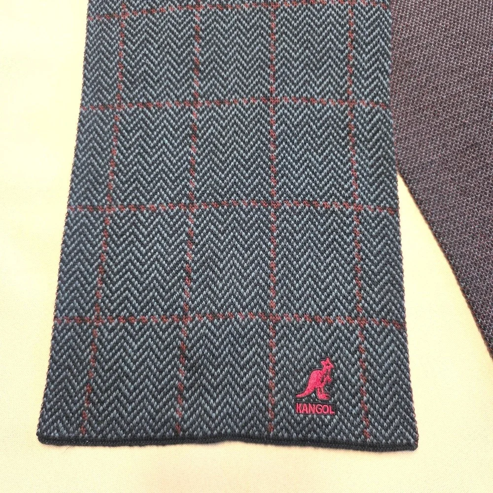 Kangol Mens Scarf‎ Black Gray Burgundy Check Knit Acrylic Winter Muffler 59